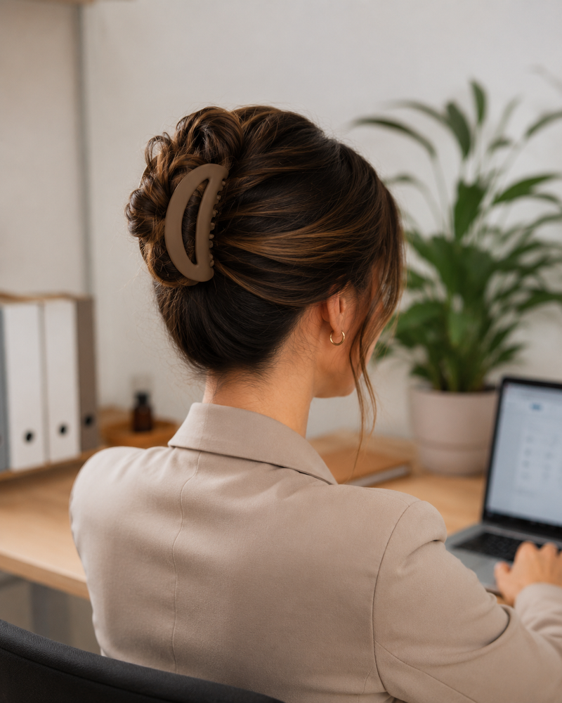 Coiffure nette pour le travail attachée avec une pince à cheveux