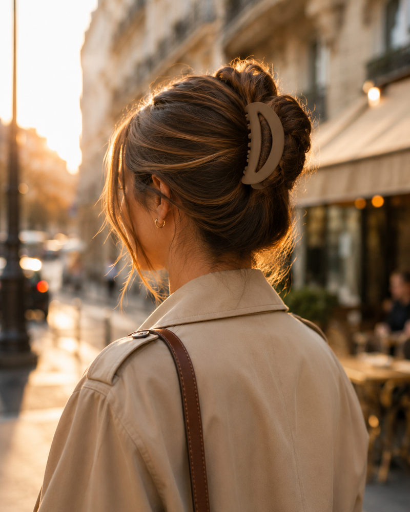 Cheveux relevés pour une sortie avec une pince à cheveux